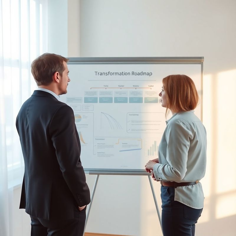 Konzultanti diskutují u whiteboardu s transformační roadmapou